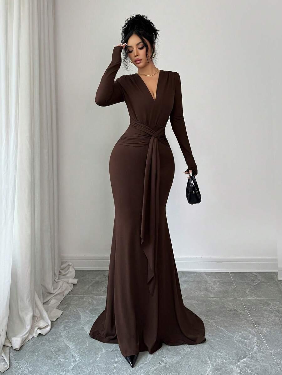 SHEIN BRĄZOWA MAXI SUKIENKA S06__S
