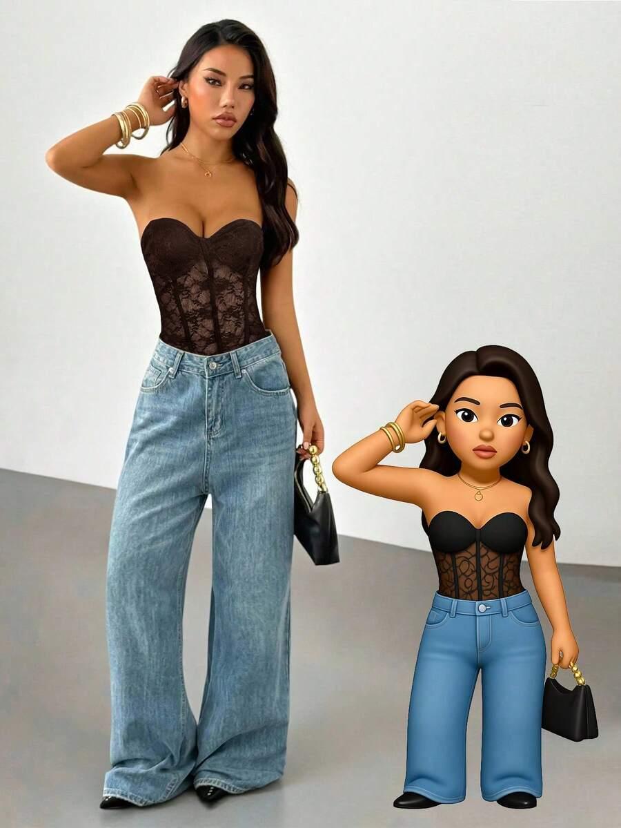 SHEIN BRĄZOWE BODY ODKRYTE RAMIONA ZDOBIENIE KORONKA S09__S