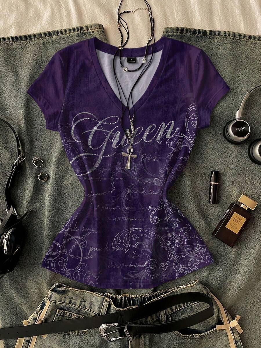 SHEIN FIOLETOWY T-SHIRT V-NECK S09__XS