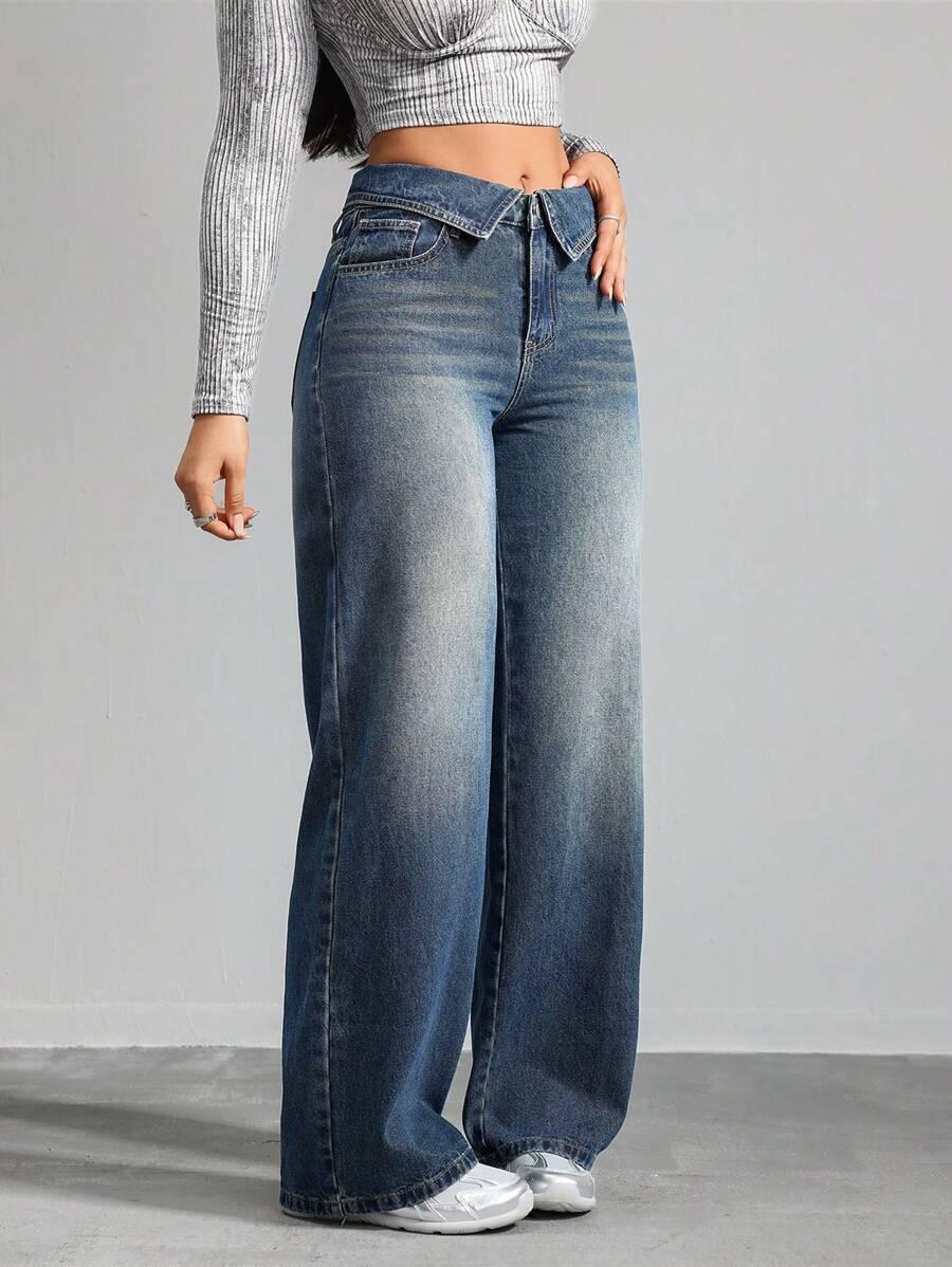 SHEIN NIEBIESKIE SPODNIE JEANS SZEROKIE NOGAWKI S06__50
