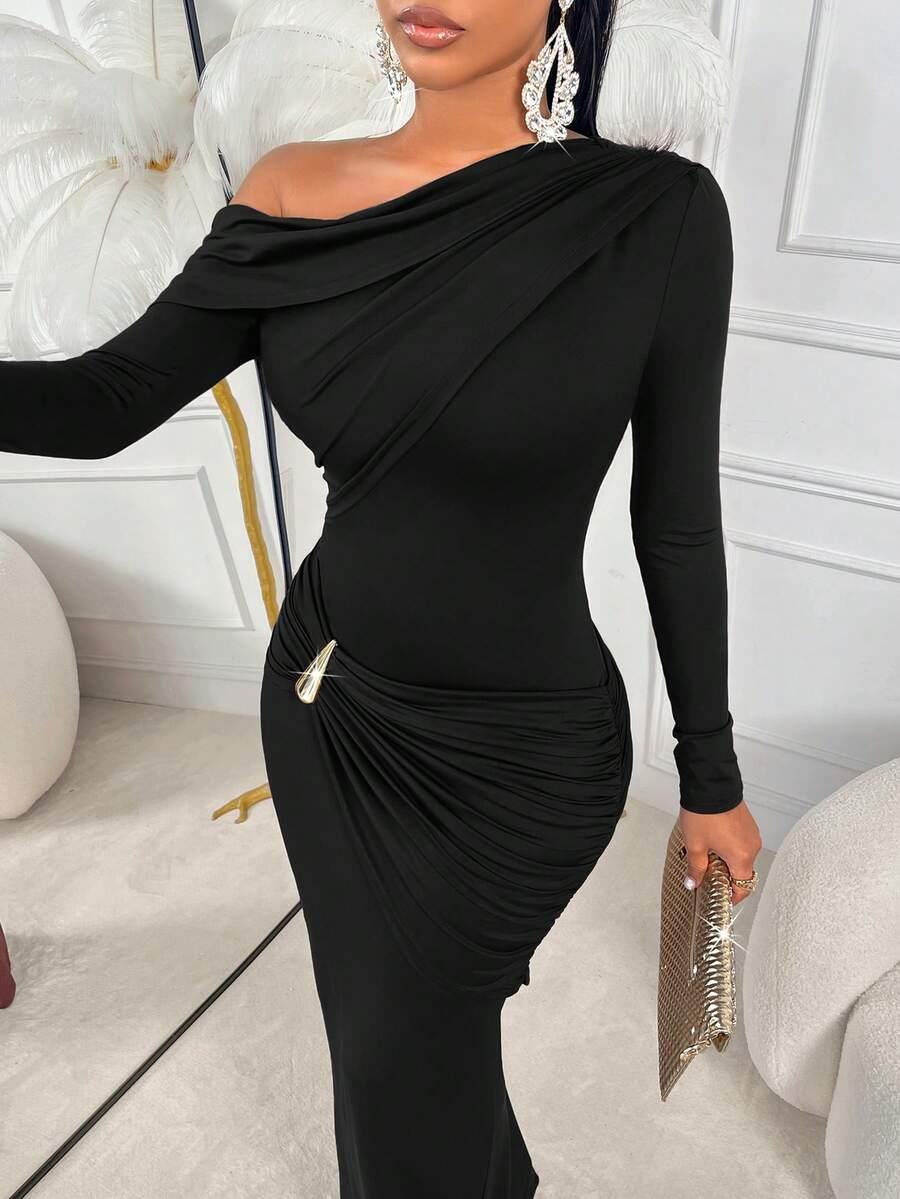 SHEIN CZARNA MAXI SUKIENKA ASYMETRYCZNY DEKOLT