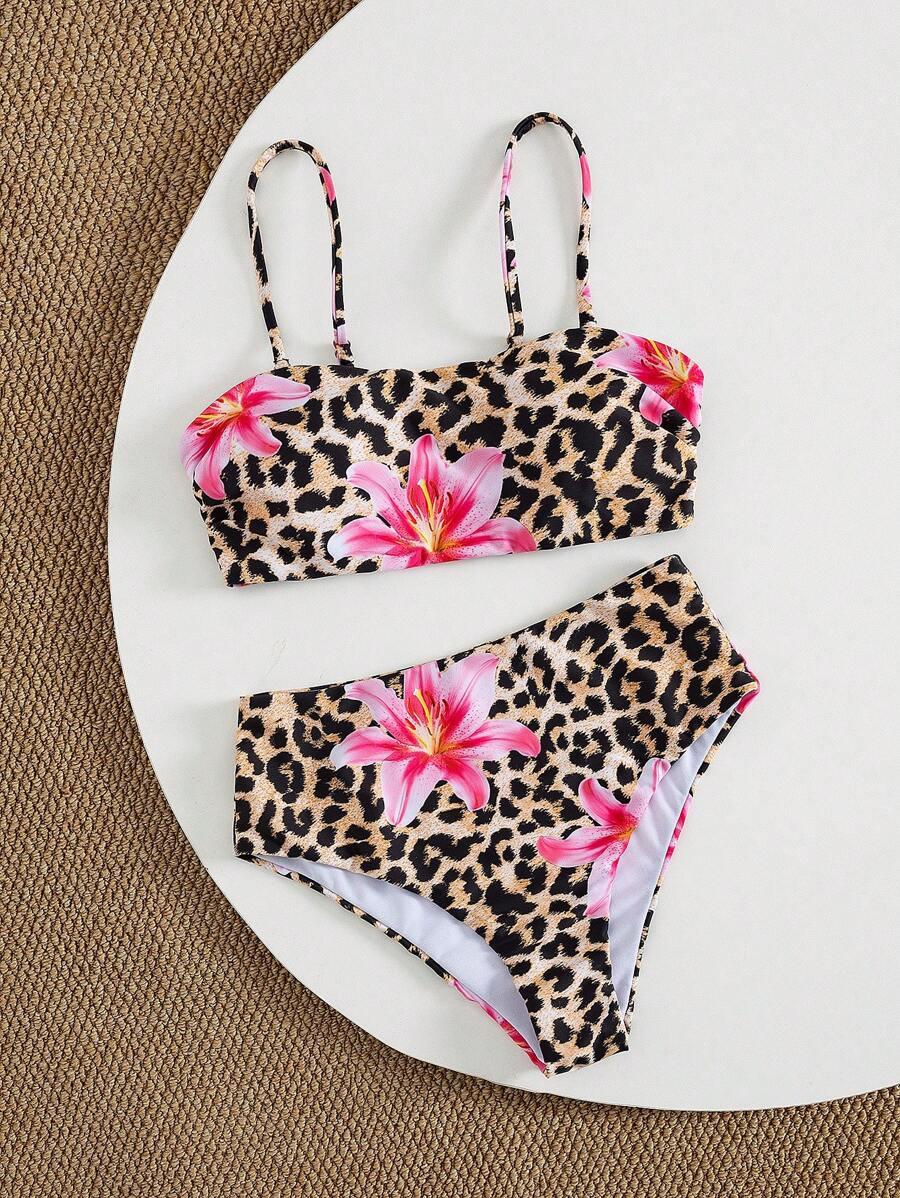 SHEIN DWUCZĘŚCIOWY STRÓJ KĄPIELOWY ANIMAL PRINT KWIATY S09__L