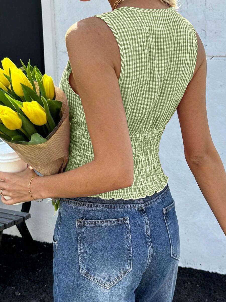 SHEIN KLASYCZNY TOP WZÓR KRATKA MARSZCZENIE PK01__S