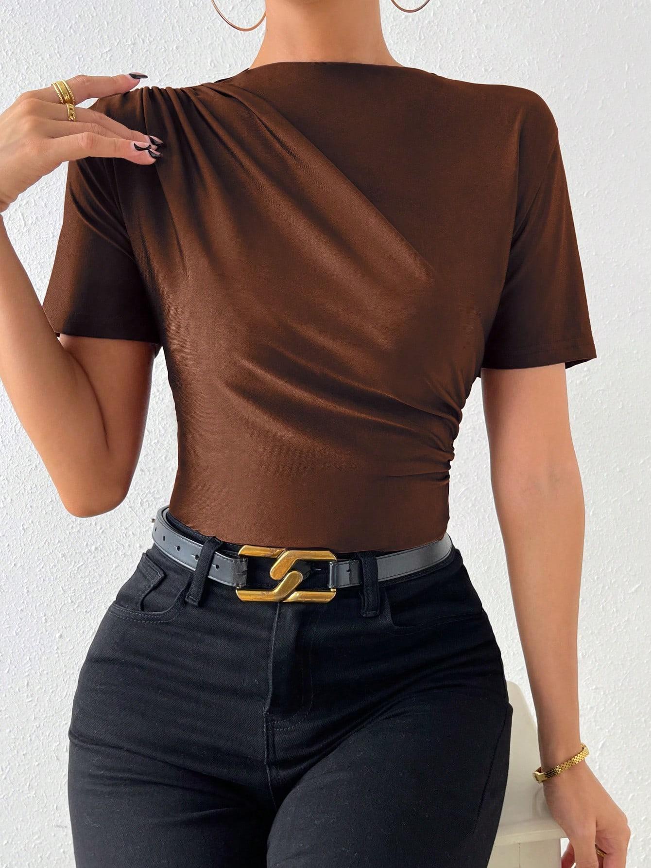 SHEIN BRĄZOWY TOP MARSZCZENIE S06__L