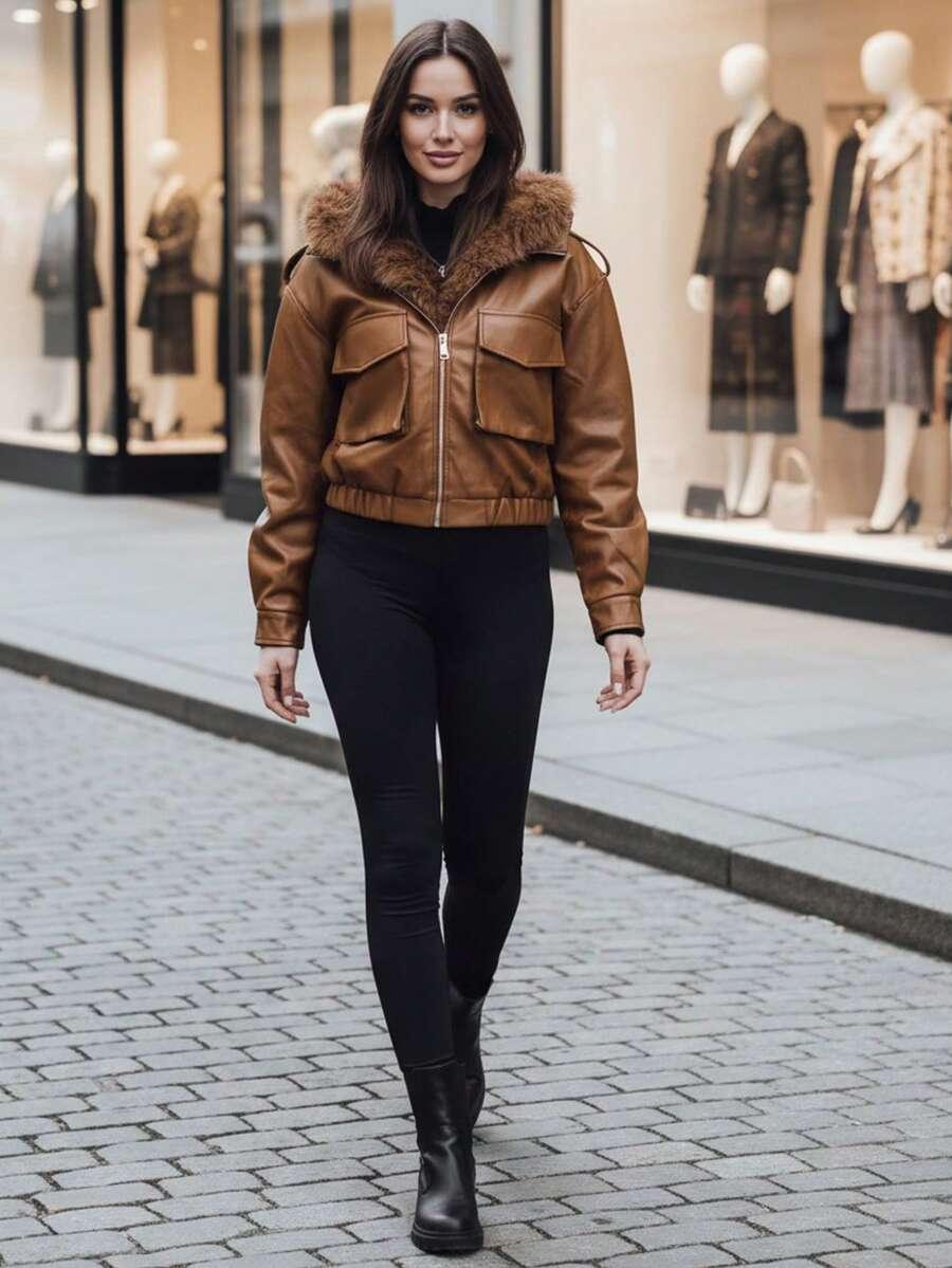 SHEIN BRĄZOWA KURTKA IMITACJA SKÓRY FUTERKO W01__S