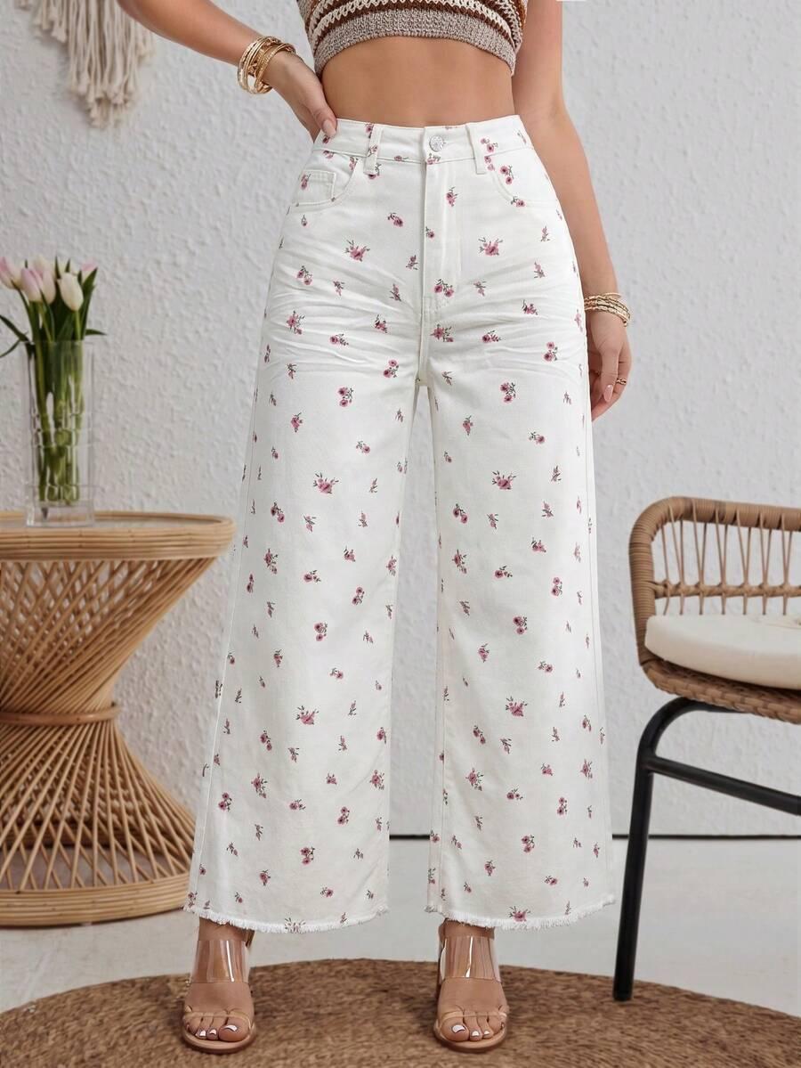 SHEIN BIAŁE SPODNIE JEANS KWIATY S06__W32/XL