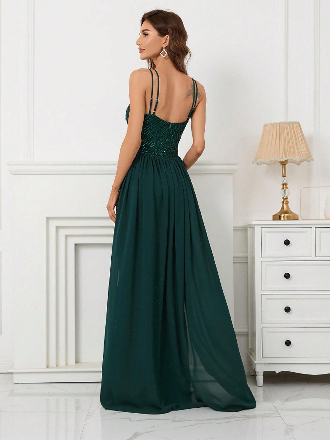 SHEIN ZIELONA MAXI SUKIENKA CEKINY S06__L