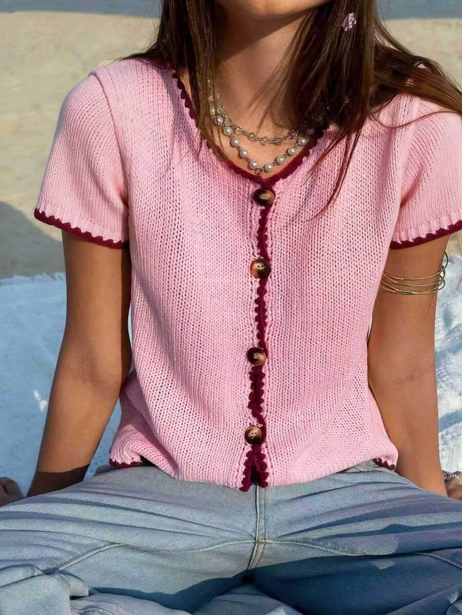 SHEIN RÓŻOWY SWETER Z KRÓTKIM RĘKAWEM S06__L
