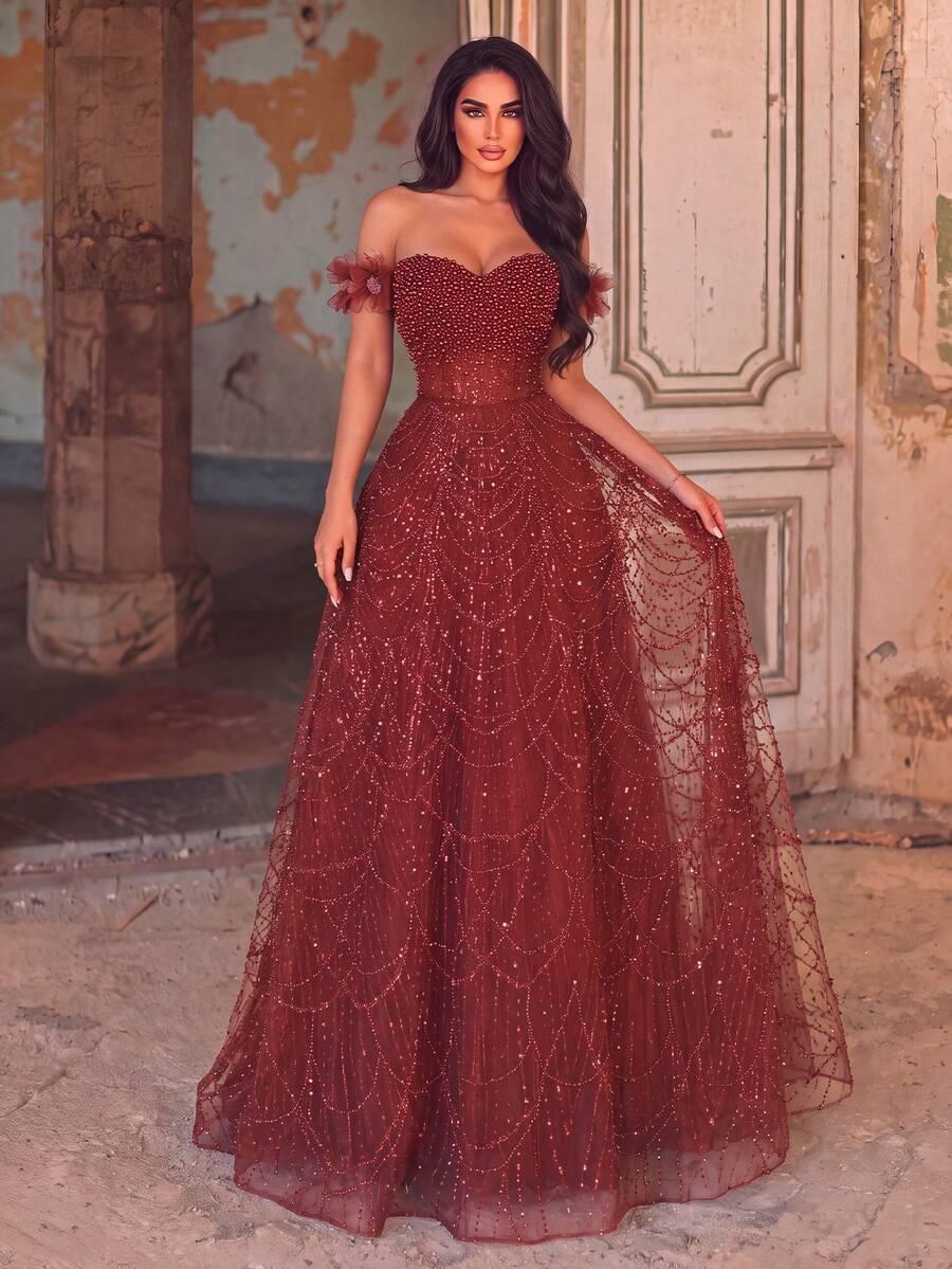 FAERIESTY BORDOWA MAXI SUKIENKA ODKRYTE RAMIONA ZDOBIENIE S06__M