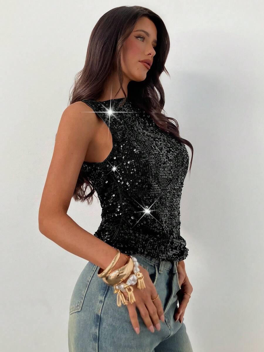 SHEIN CZARNY TOP CEKINY S06__M