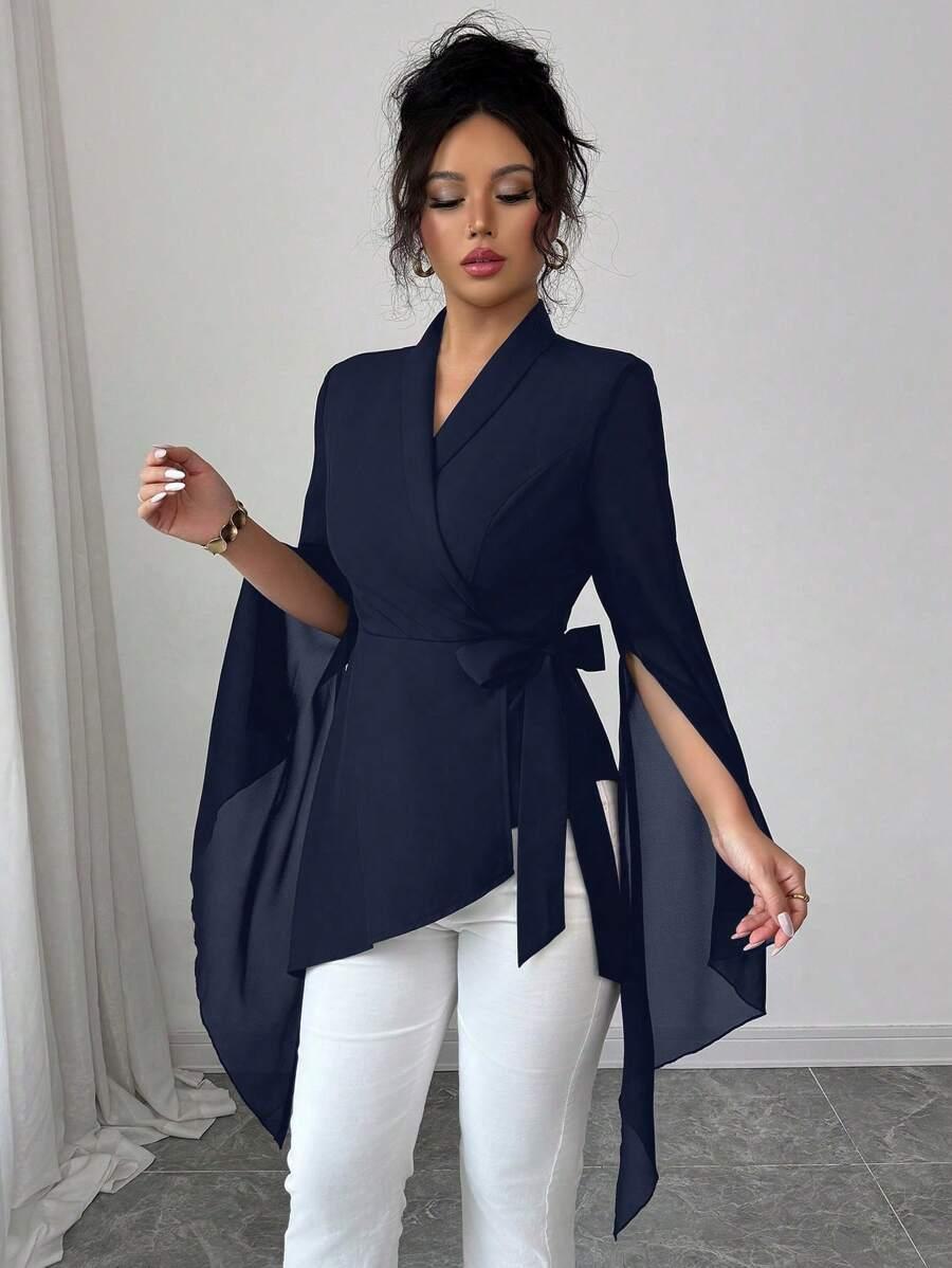 SHEIN GRANATOWA BLUZKA DŁUGI RĘKAW WIĄZANIE S06__M