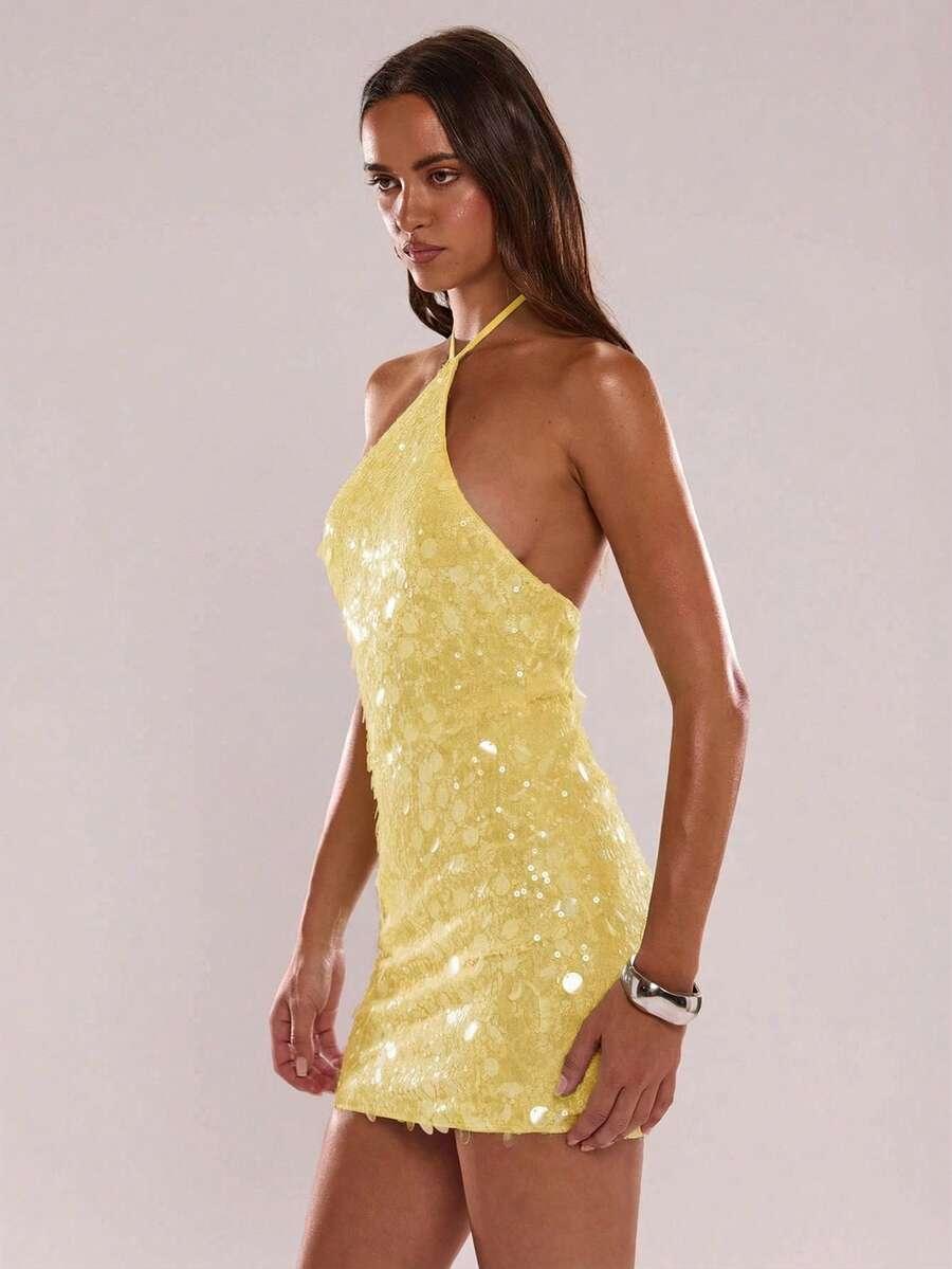 SHEIN ŻÓŁTA MINI SUKIENKA CEKINY S06__L