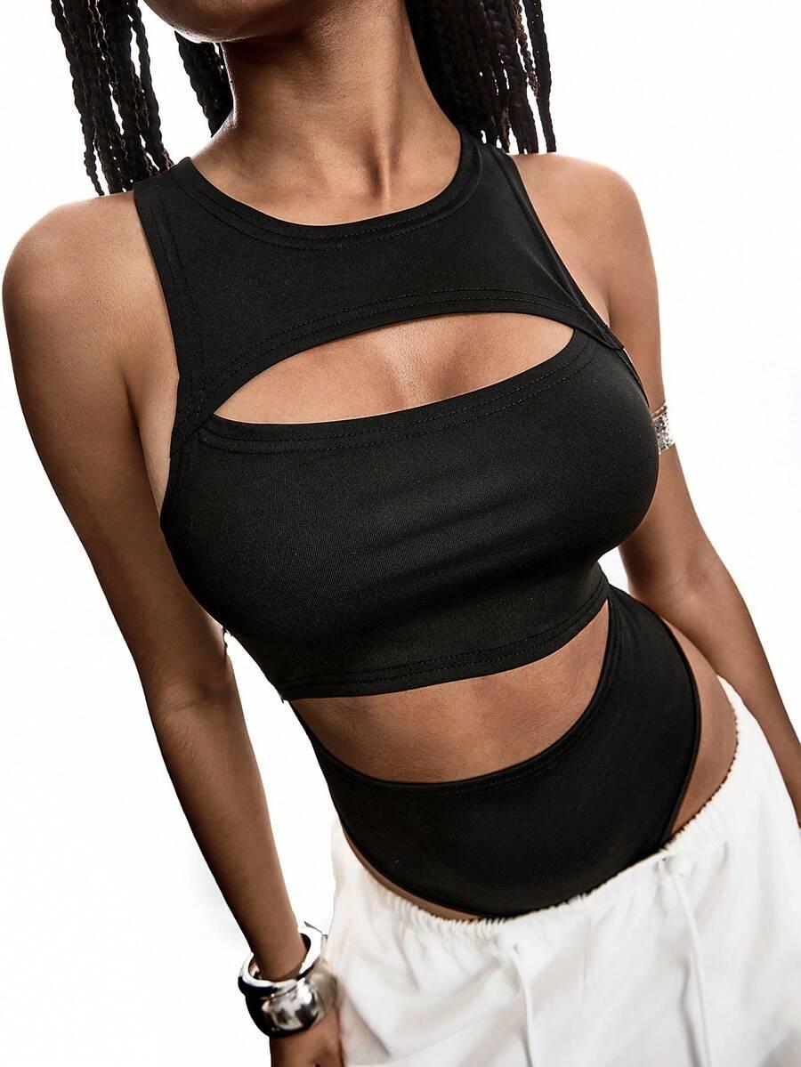 SHEIN CZARNE BODY BEZ RĘKAWÓW WYCIĘCIA S09__XS