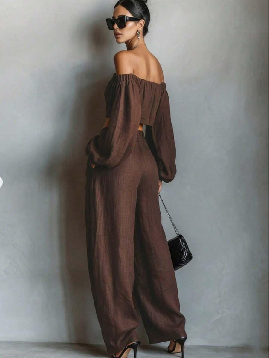 SHEIN BRĄZOWY KOMPLET BLUZKA ODKRYTE RAMIONA SPODNIE PK01__M