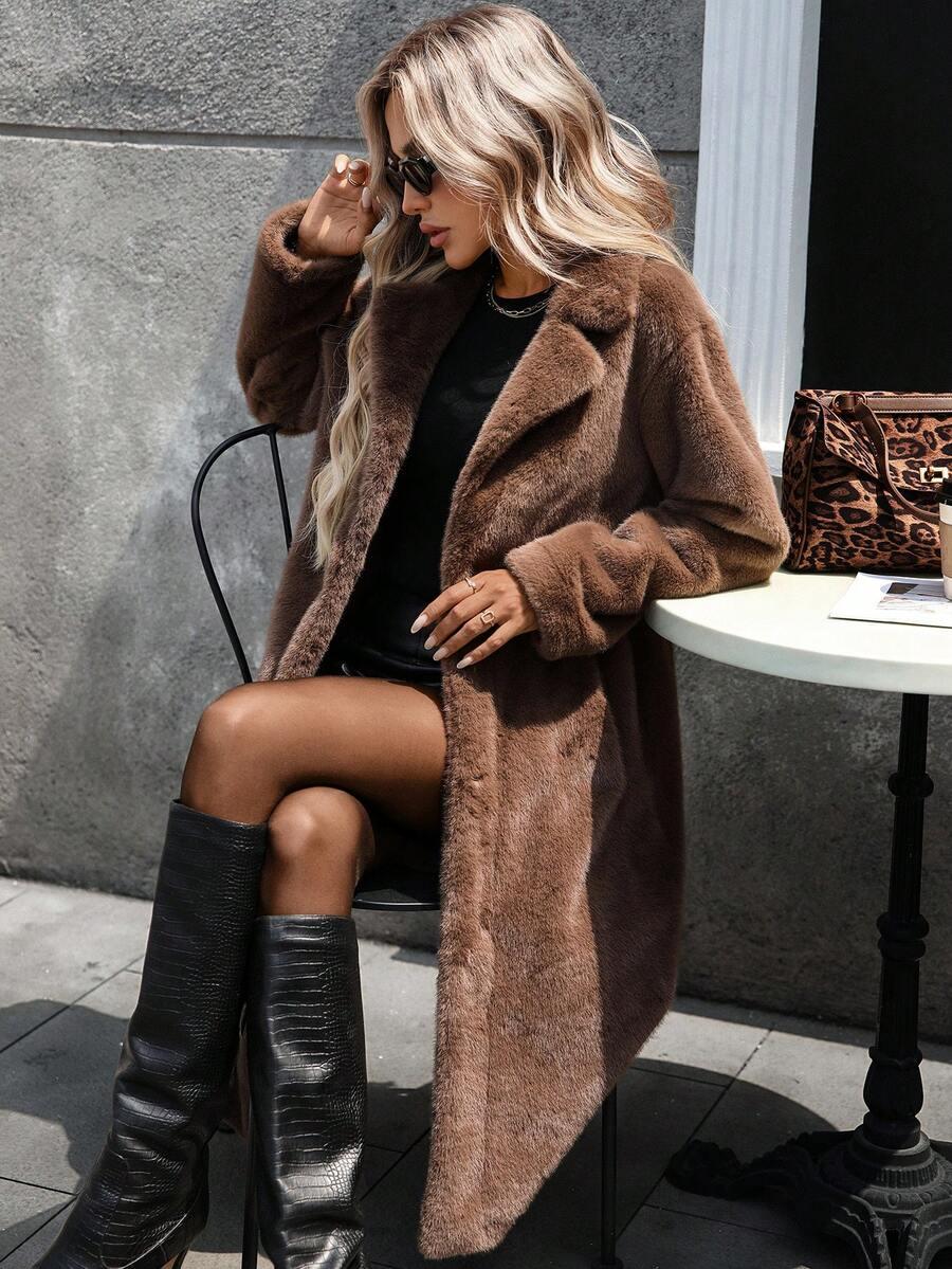 SHEIN BRĄZOWE SZTUCZNE FUTRO W01__L