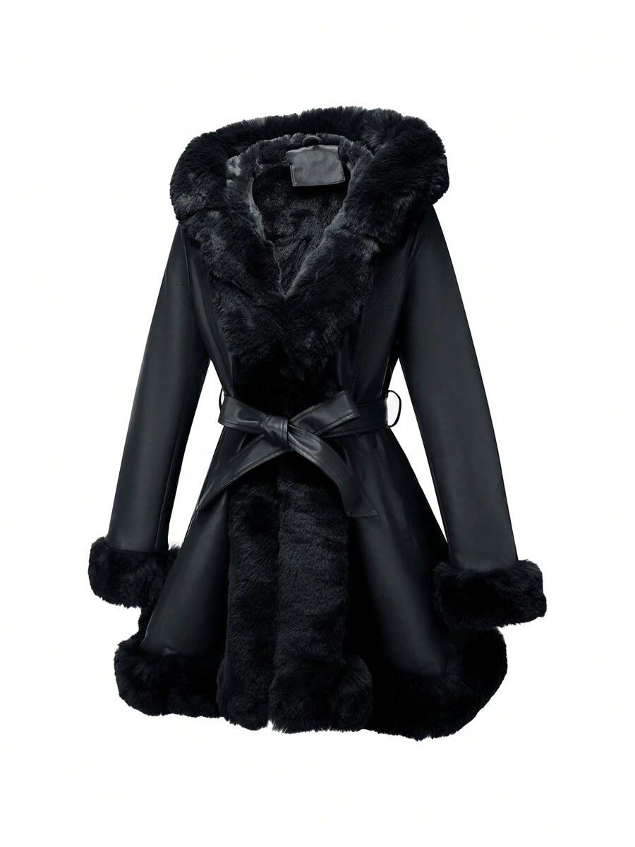 SHEIN CZARNY PŁASZCZ SZTUCZNE FUTRO W01__M