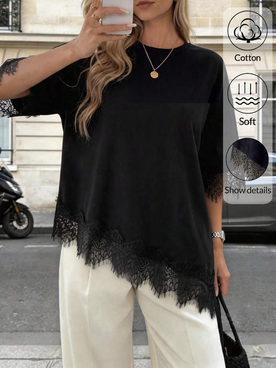 PARIAURA CZARNY T-SHIRT KORONKA S06__M