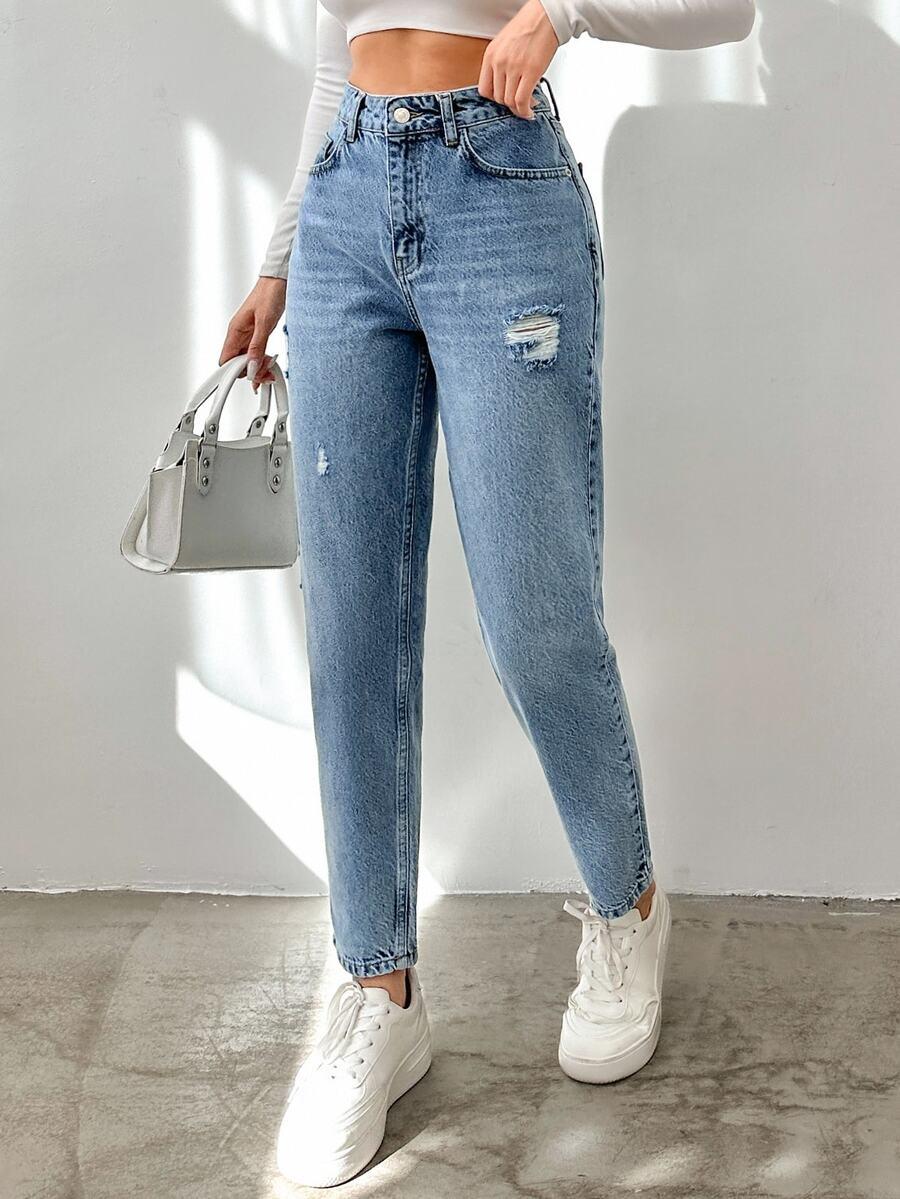 SHEIN SPODNIE MOM JEANS RIPPED PK01__L