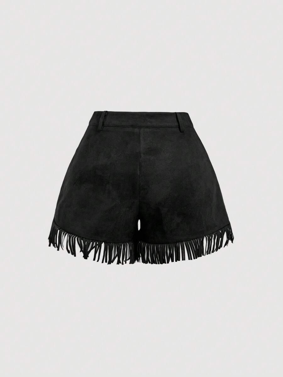 SHEIN CZARNE SPODENKI IMITACJA ZAMSZU FRĘDZLE S06__S