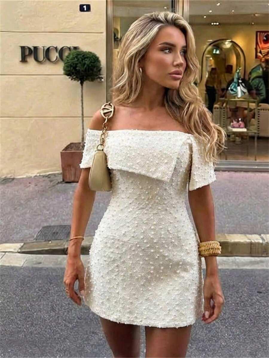 SHEIN BEŻOWA MINI SUKIENKA ODKRYTE RAMIONA S06__S