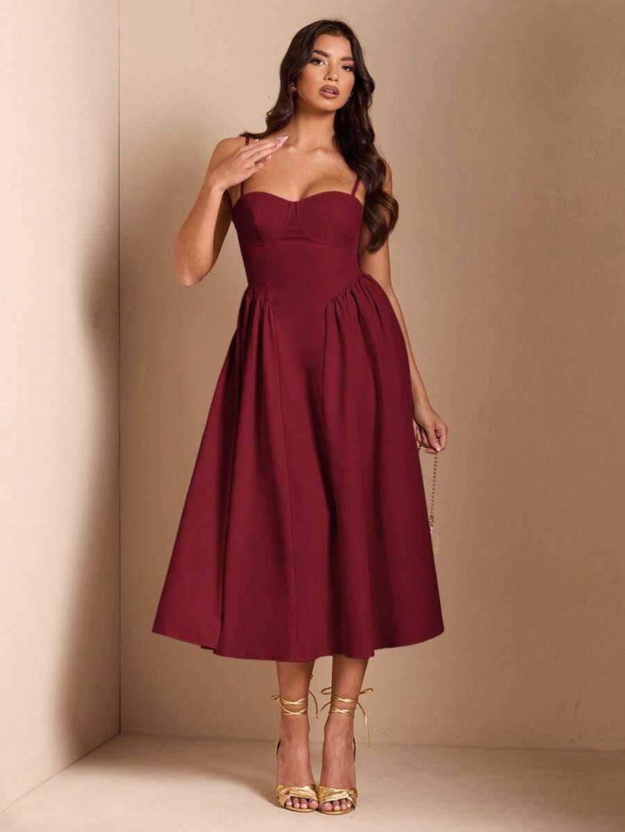 SHEIN BORDOWA ROZKLOSZOWANA MIDI SUKIENKA NA RAMIĄCZKACH PK01__XXL