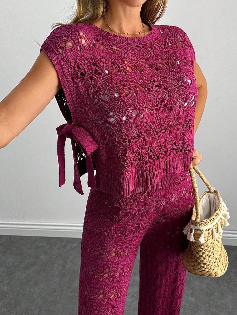 SHEIN CASUALOWY RÓŻOWY KOMPLET TOP WIĄZANIE SPODNIE DZIANINA PK01__S