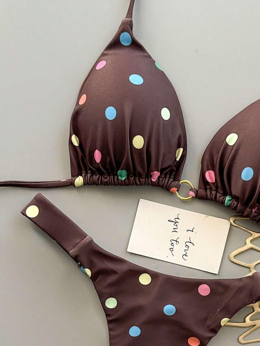 SHEIN BRĄZOWY DWUCZĘŚCIOWY STRÓJ KĄPIELOWY WZÓR GROSZKI S09__L