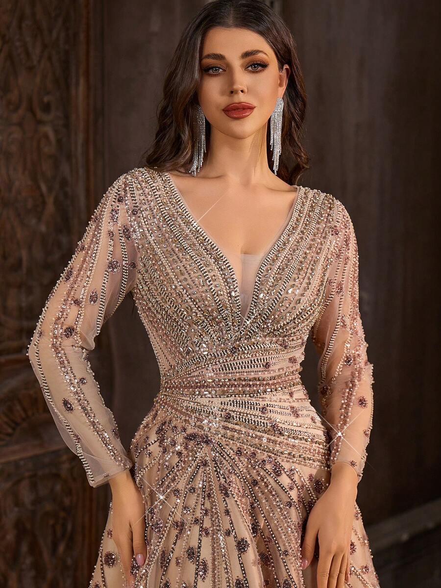 SHEIN BEŻOWA MAXI SUKIENKA ZDOBIENIE S06__L