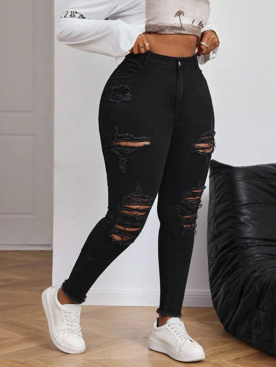 SHEIN CZARNE SPODNIE JEANS PRZETARCIA S06__64/66