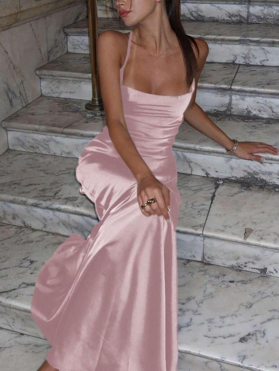 SHEIN RÓŻOWA SATYNOWA MAXI SUKIENKA ODKRYTE PLECY PK01__XS
