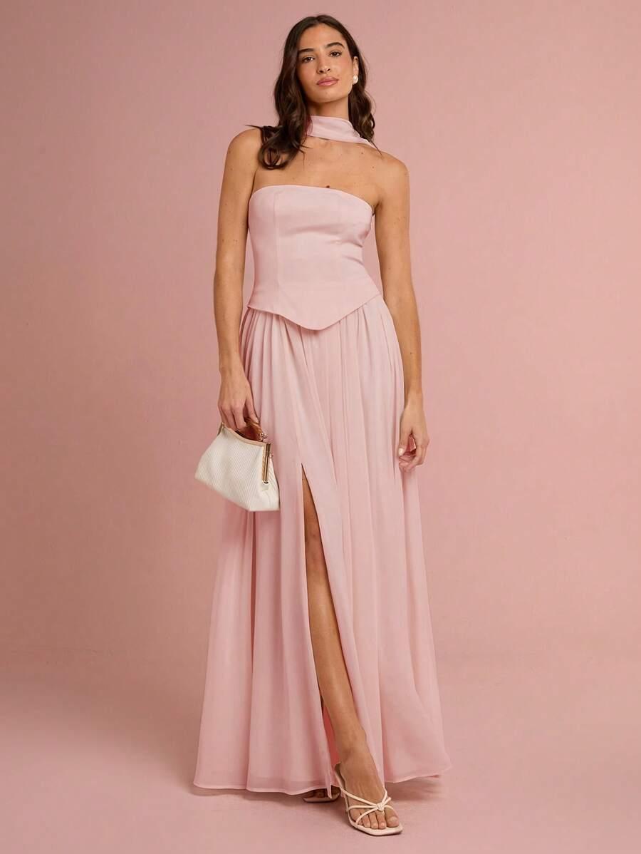 SHEIN RÓŻOWA MAXI SUKIENKA ODKRYTE RAMIONA S09__S