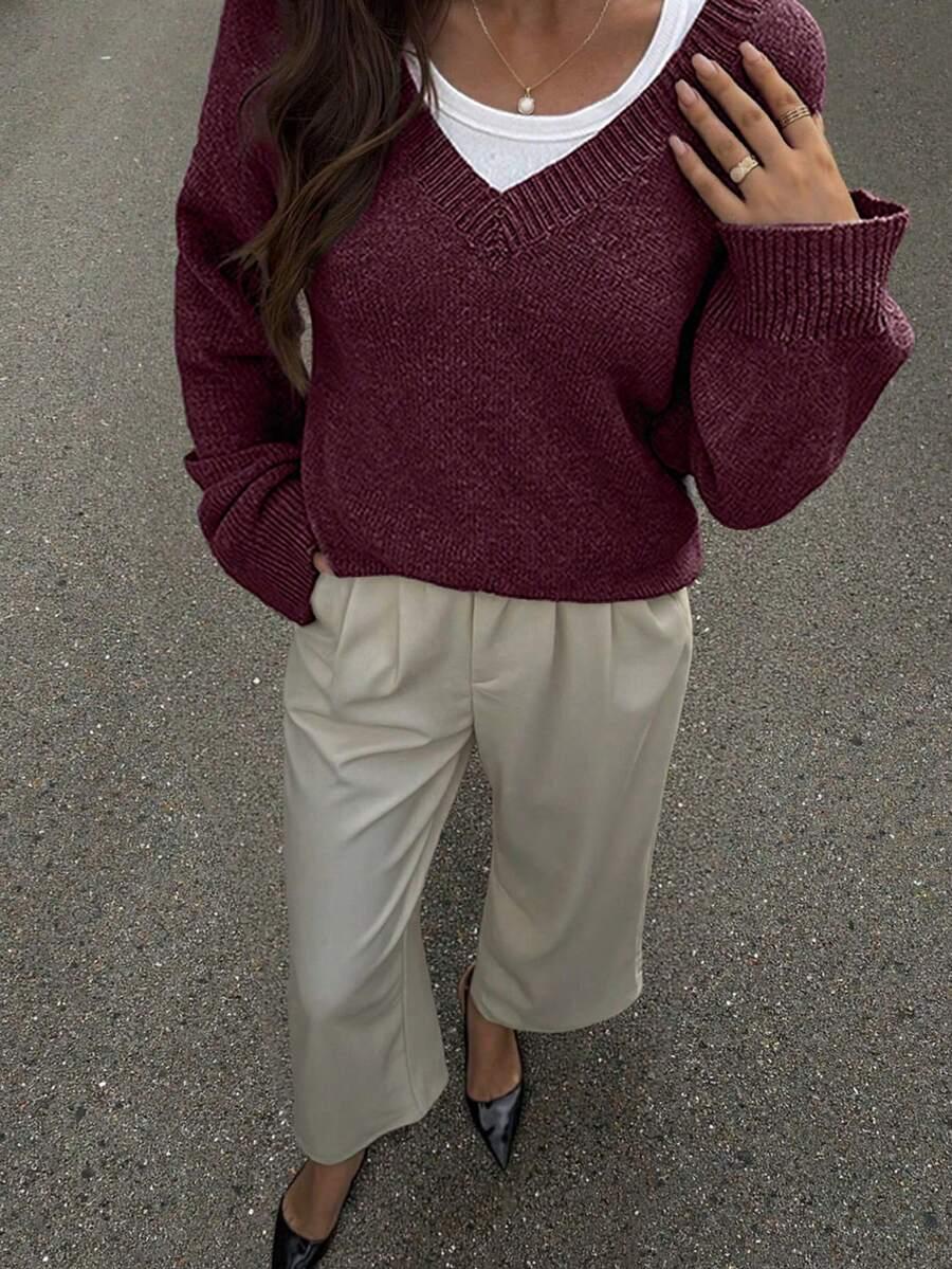 SHEIN BORDOWY SWETER OVERSIZE V-NECK S06__L