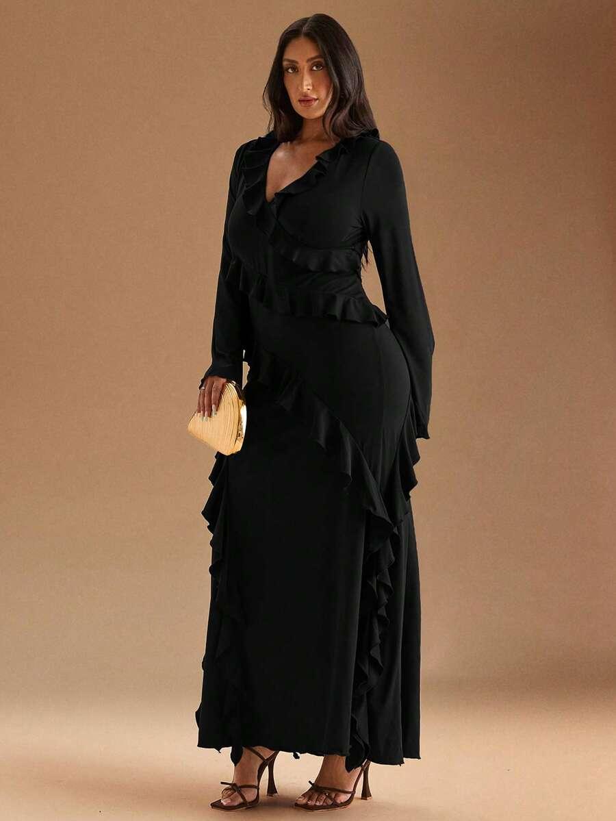 SHEIN CZARNA MAXI SUKIENKA V NECK FALBANY ZT2__XXL