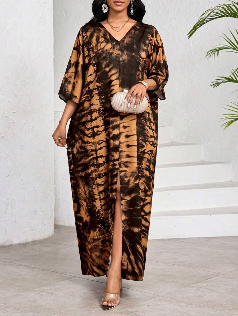 SHEIN MAXI SUKIENKA ROZCIĘCIE RĘKAW 3/4 PRINT V-NECK S06__M