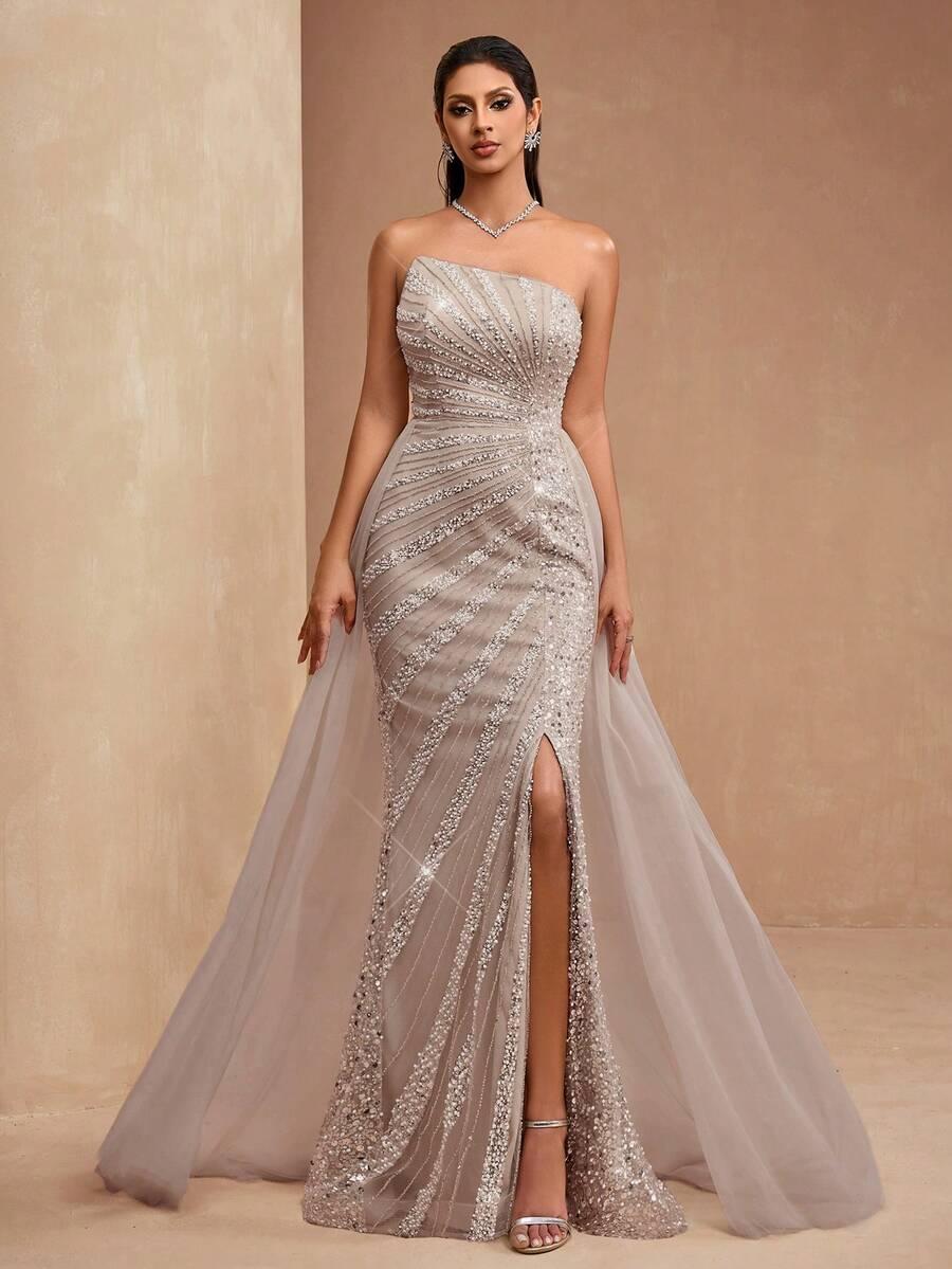 SHEIN BEŻOWA MAXI SUKIENKA ZDOBIENIE CEKINY S09__XXL