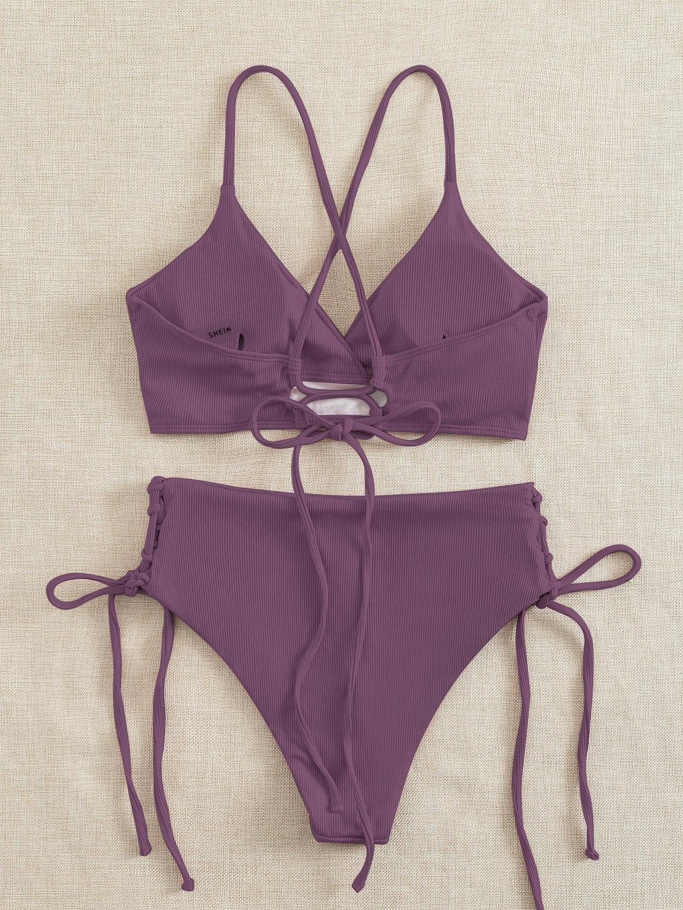 SHEIN FIOLETOWY STRÓJ KĄPIELOWY PRĄŻKI S09__XS