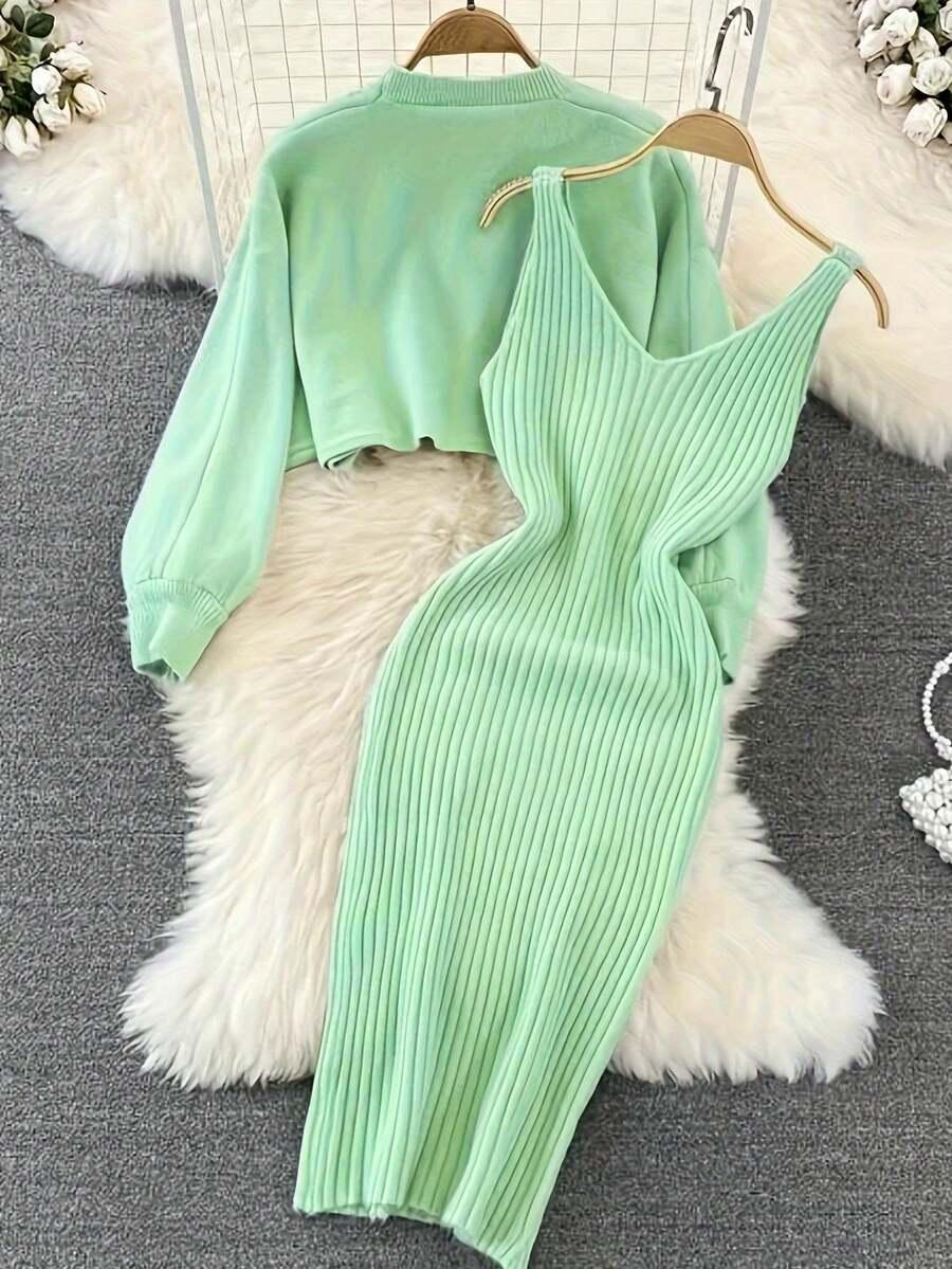 SHEIN ZIELONY KOMPLET SUKIENKA SWETER PK01__M
