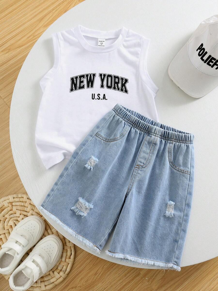 SHEIN BIAŁA KOSZULKA BEZ RĘKAWÓW NADRUK NEW YORK PK01__110-116