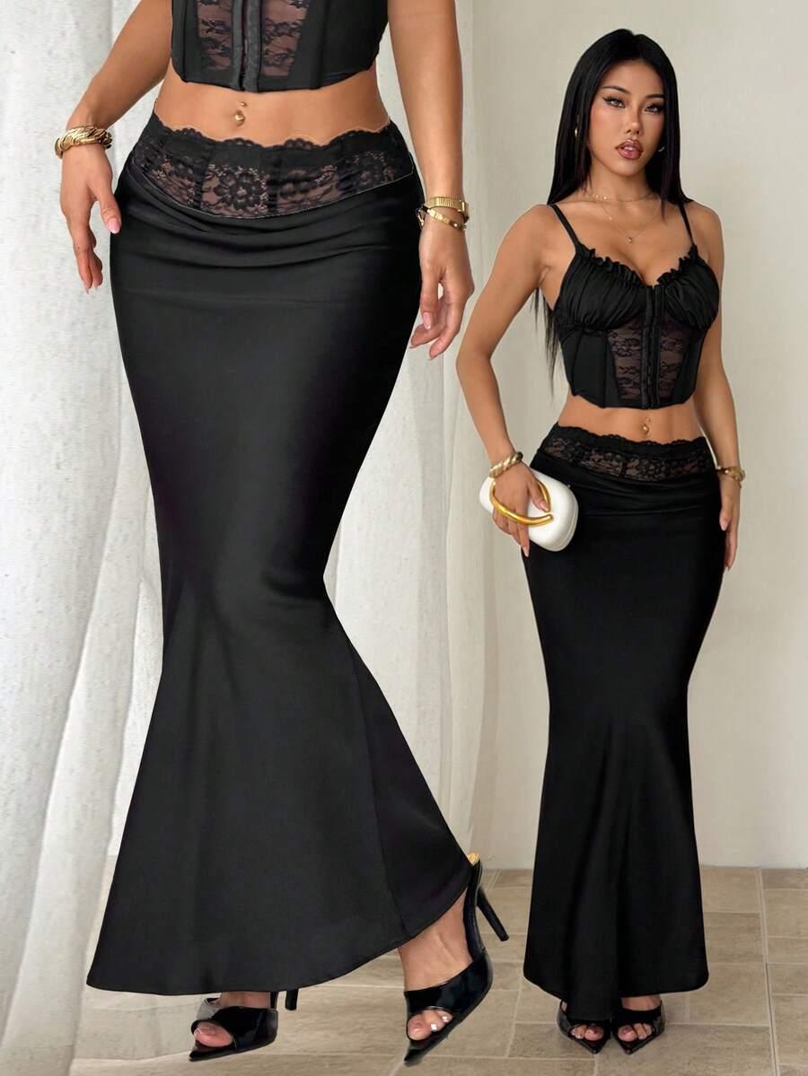 SHEIN CZARNA SPÓDNICA KORONKA S06__M