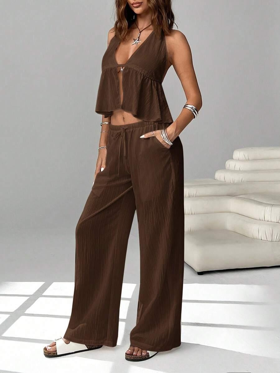 SHEIN BRĄZOWY KOMPLET TOP SPODNIE S06__S