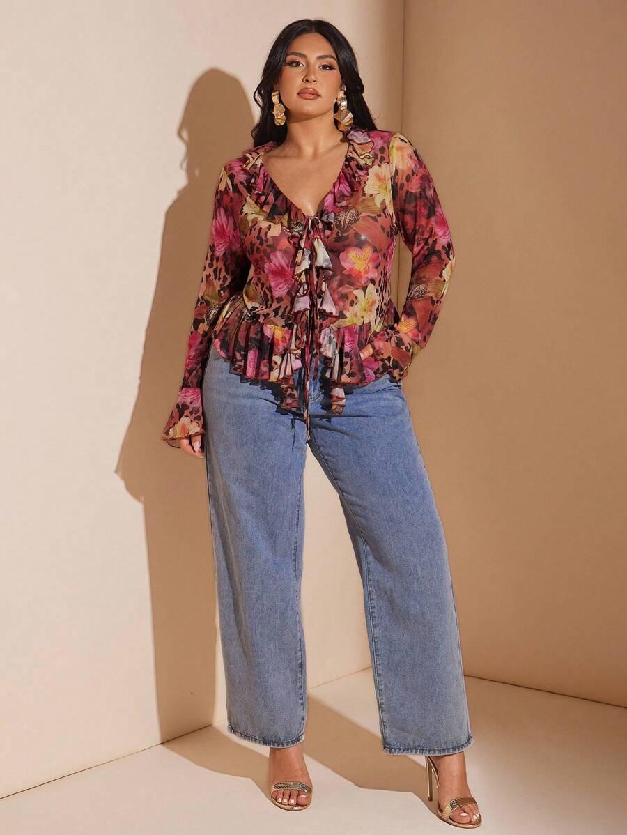 SHEIN BLUZKA FALBANY PRINT WIĄZANIE PK01__46