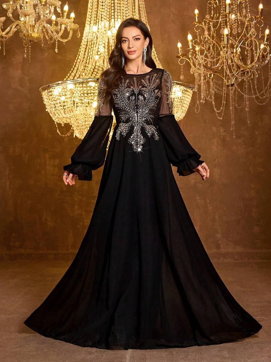 SHEIN CZARNA MAXI SUKIENKA ZDOBIENIE S09__L