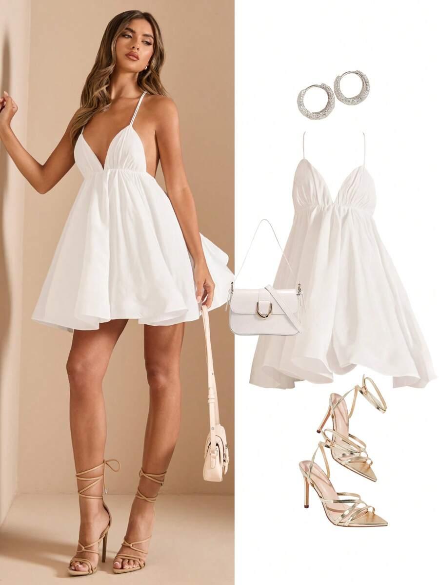 SHEIN BIAŁA ROZKLOSZOWANA MINI SUKIENKA S06__S