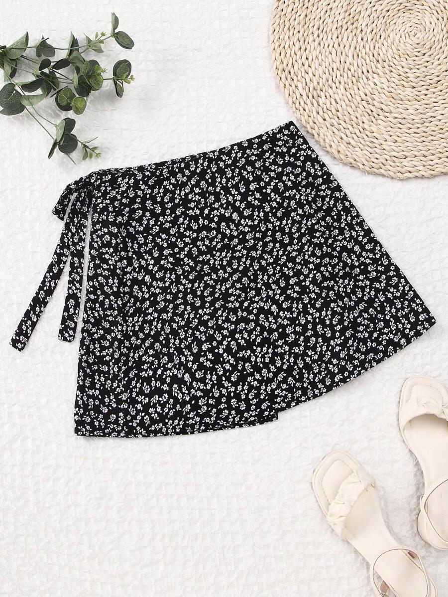 SHEIN MINI CZARNA SPÓDNICA WZÓR KWIATY WIĄZANIE S06__S