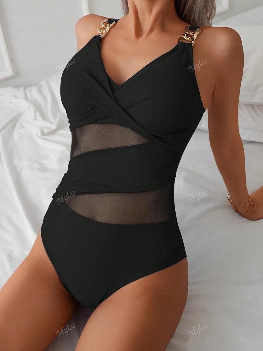 SHEIN CZARNY JEDNOCZĘŚCIOWY STRÓJ KĄPIELOWY SIATRECZKA S09__L