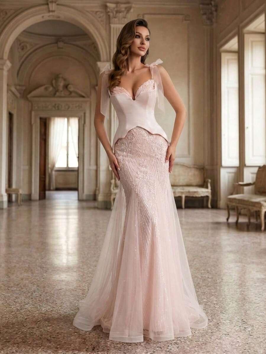 SHEIN RÓŻOWA ZDOBIONA MAXI SUKIENKA S06__L