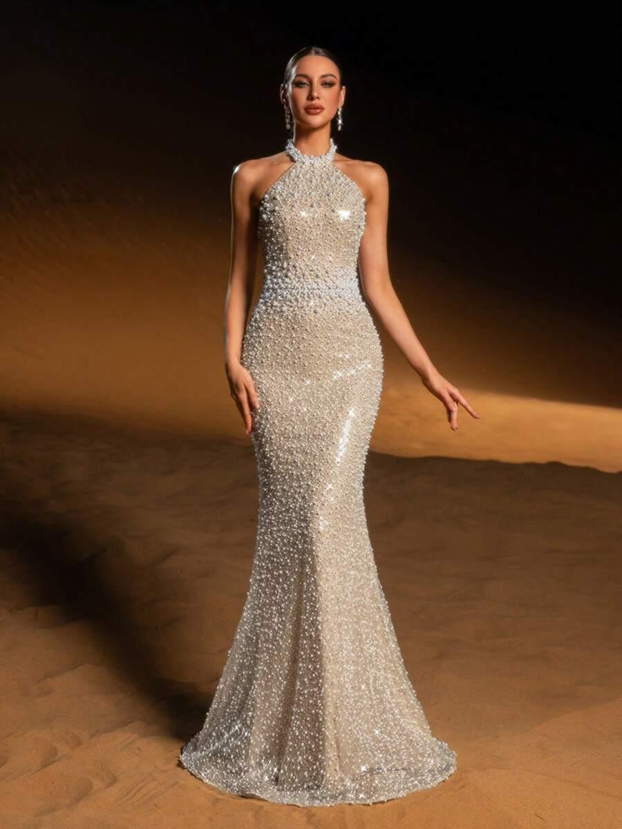 FAERIESTY MAXI SUKIENKA BEZ RĘKAWÓW ODKRYTE PLECY PEREŁKI CEKINY S06__L
