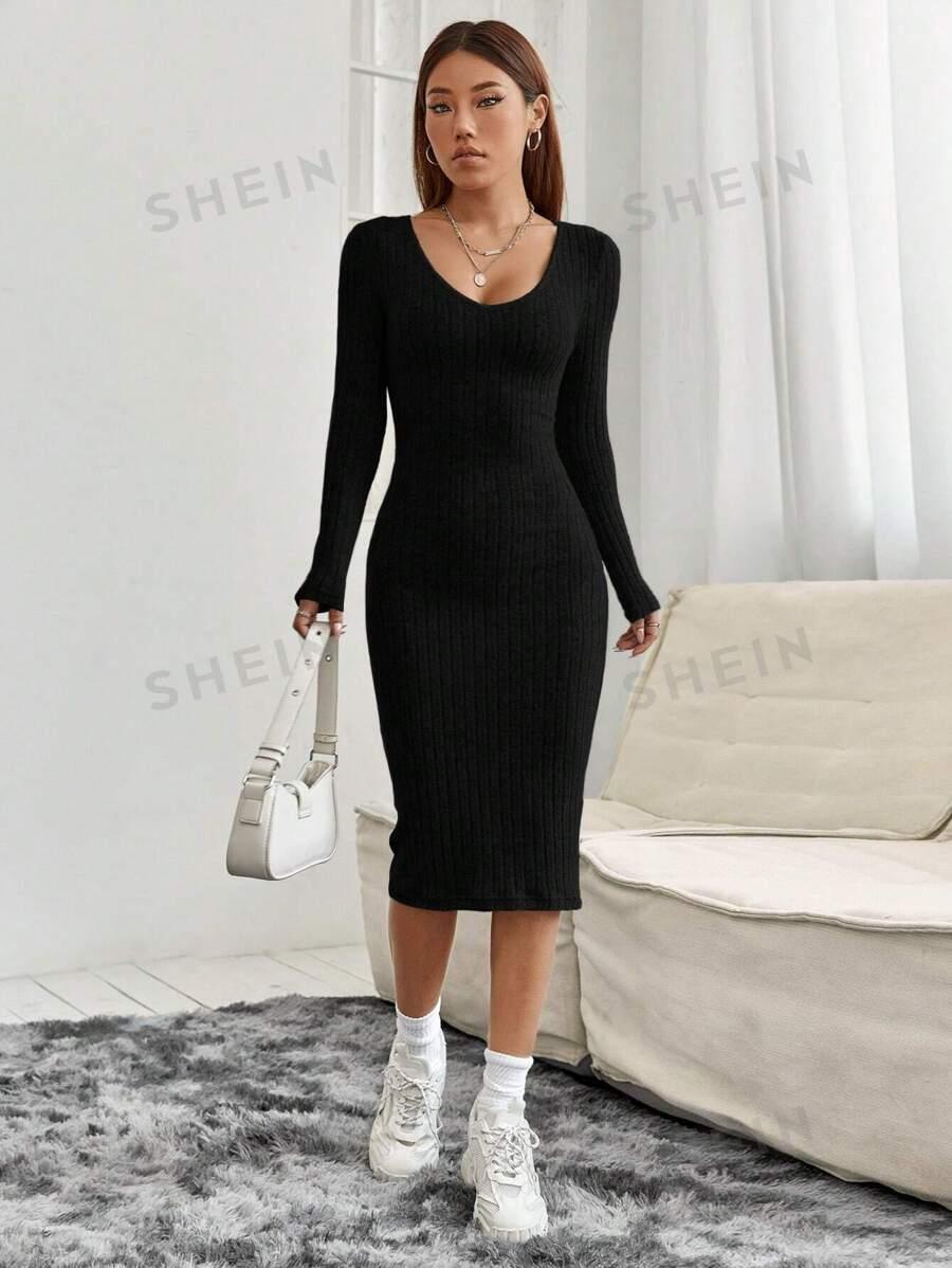 SHEIN CZARNA PRĄŻKOWANA SUKIENKA MIDI S06__M