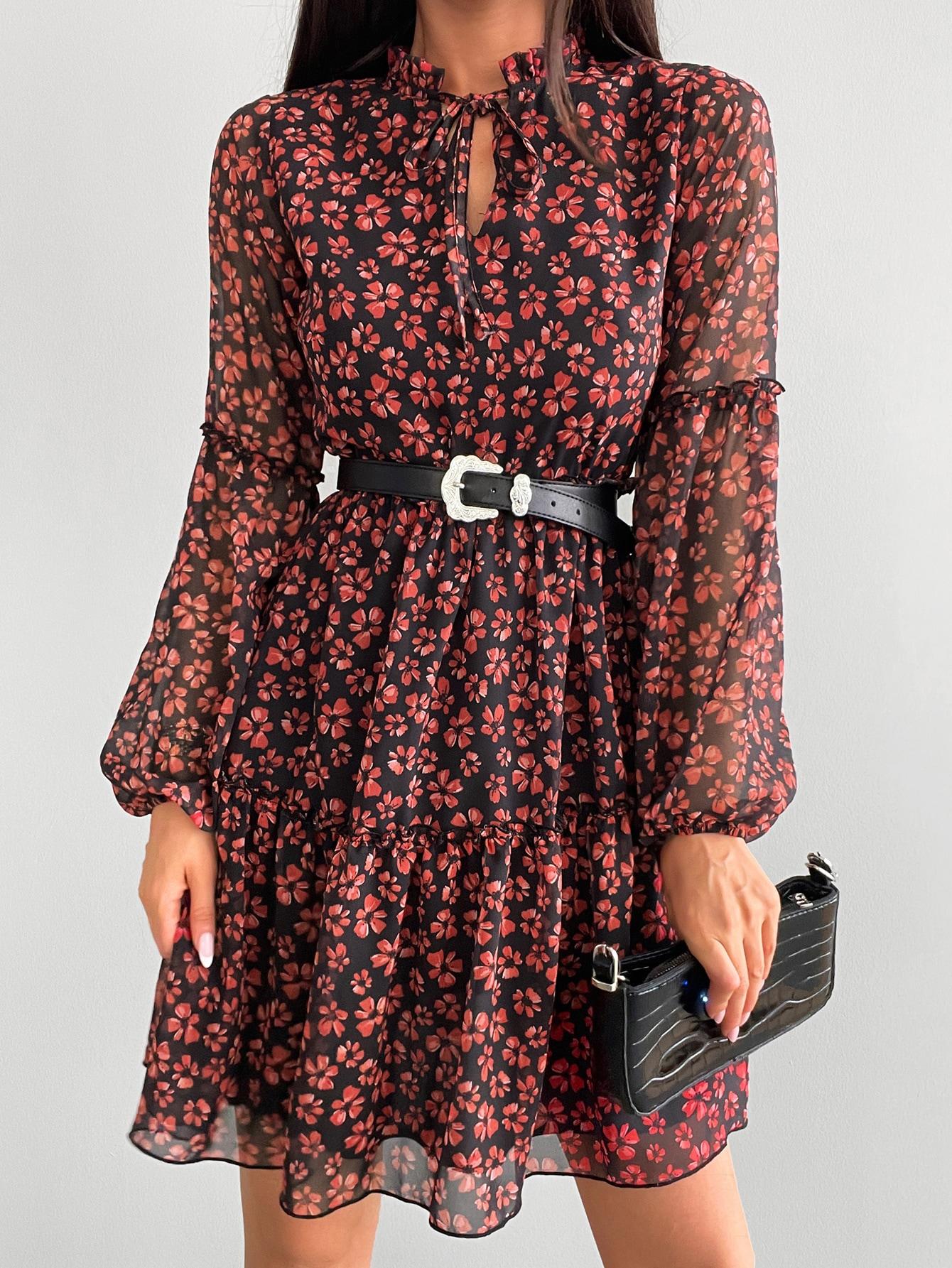 SHEIN SUKIENKA DŁUGI RĘKAW WZÓR KWIATY S06__XXL