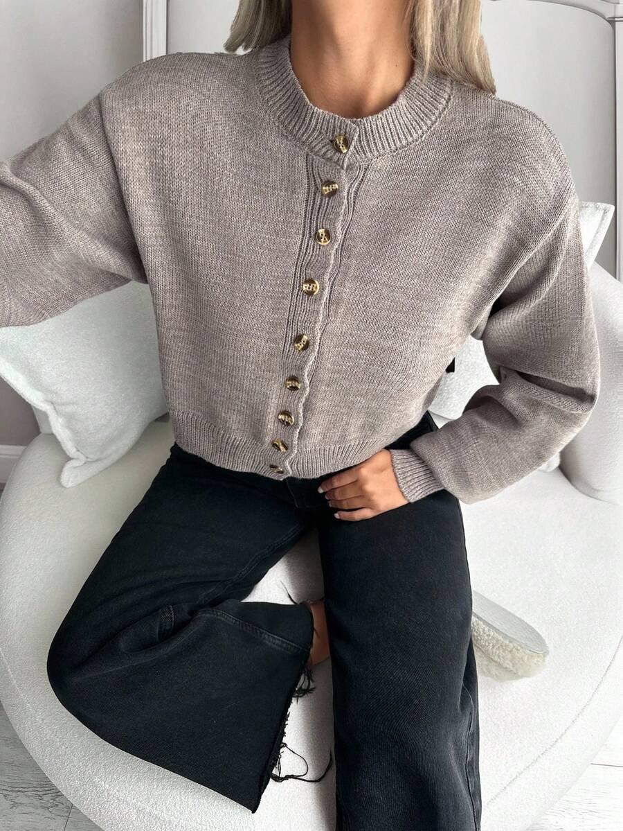 SHEIN BRĄZOWY SWETER GUZIKI S06__S